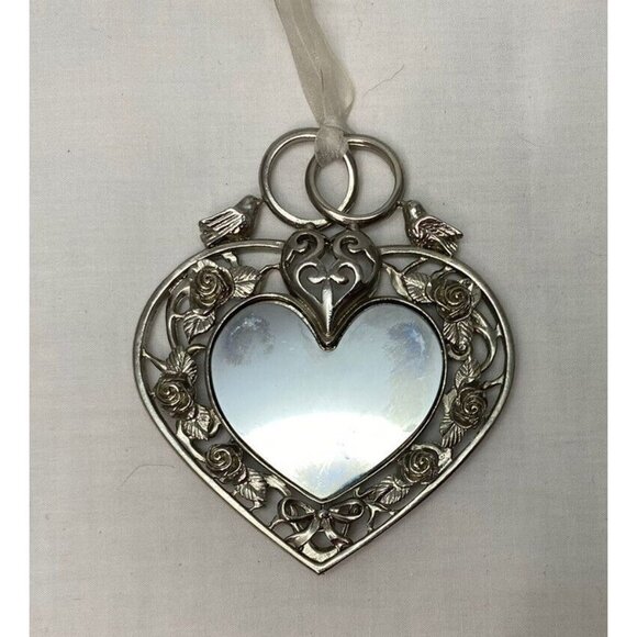 Silver Tone Heart Ornament With Birds & Roses Wedding Bird Lover 4" - Picture 1 of 6